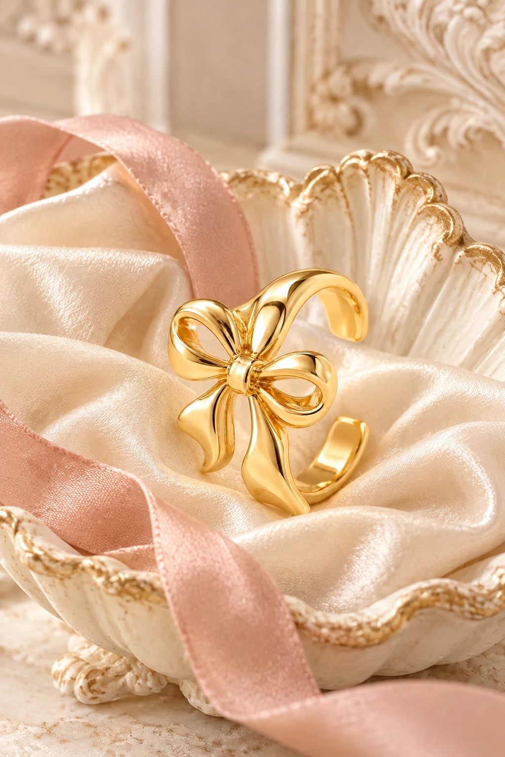 French-inspired jewelry styling on soft satin