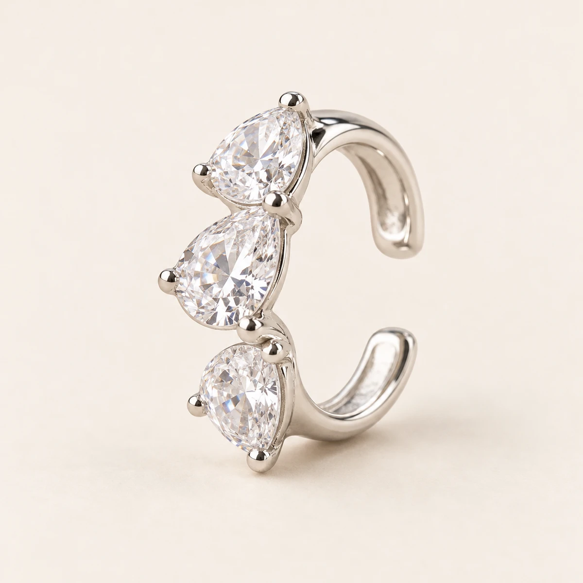 Lumière Dew Ear Cuff, Silver, three clear teardrop stones