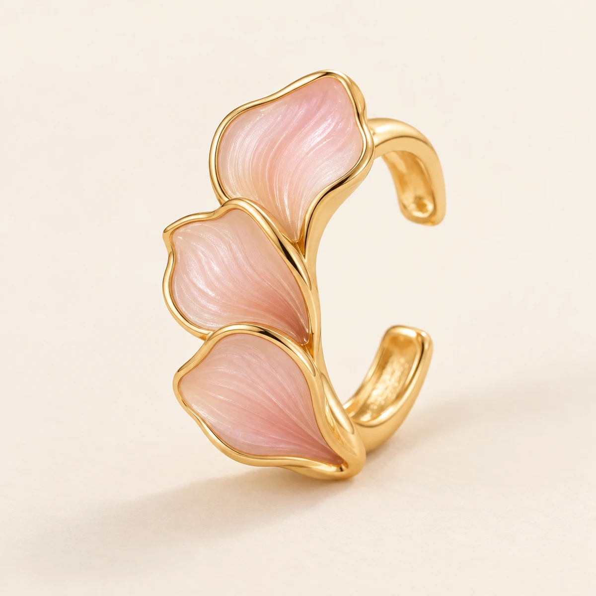 Blush Petal Ear Cuff, Gold / blush, three pale pink enamel petals
