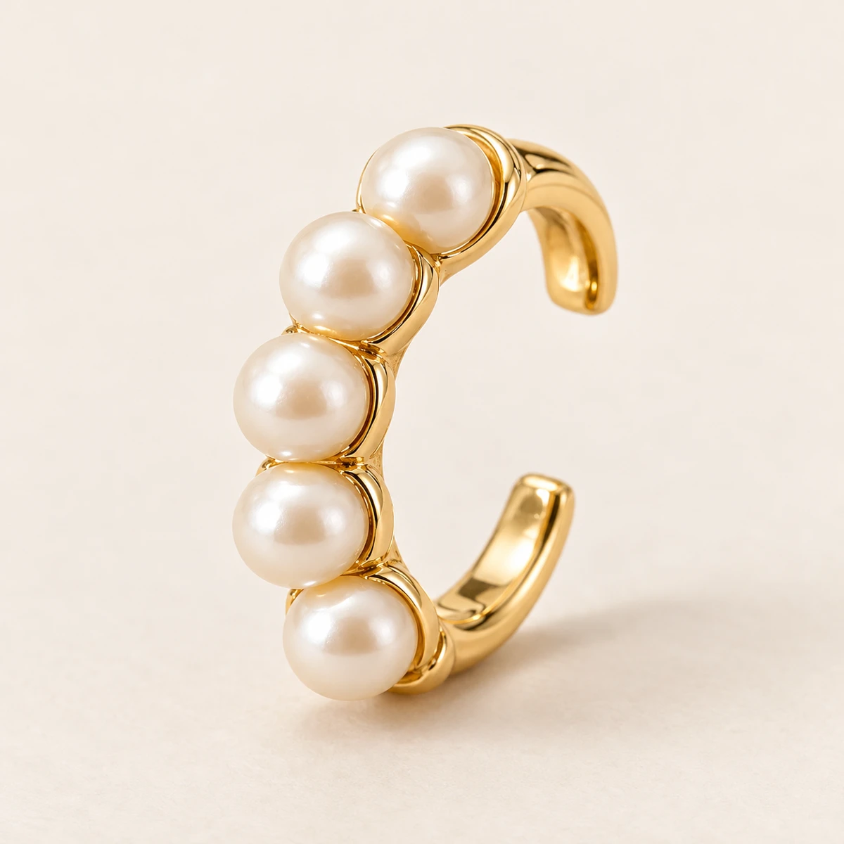 Pearl Ribbon Ear Cuff, Gold, curved row of five ivory glass imitation pearls