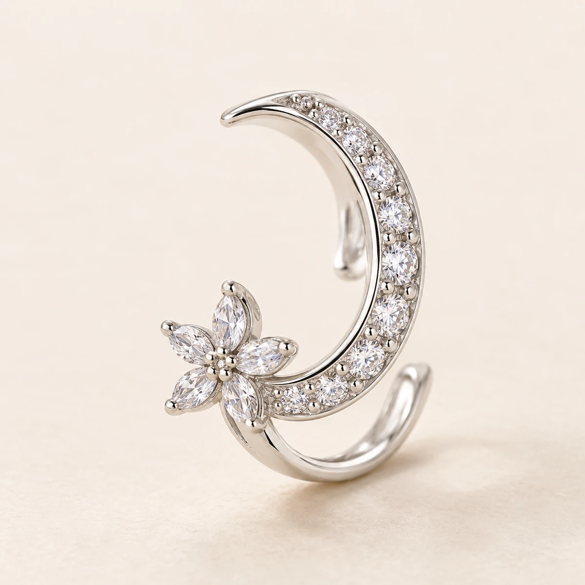 Fleur de Lune Ear Cuff, Silver, crescent moon and small flower