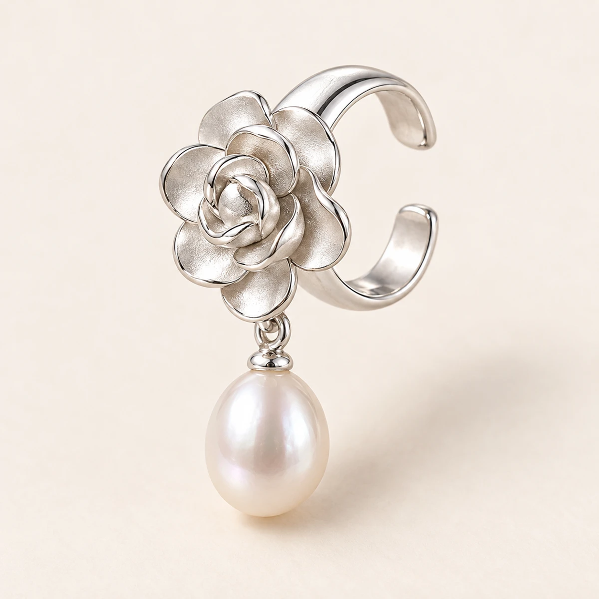 Camellia Pearl Ear Cuff, Silver, camellia flower and one hanging freshwater cultured pearl