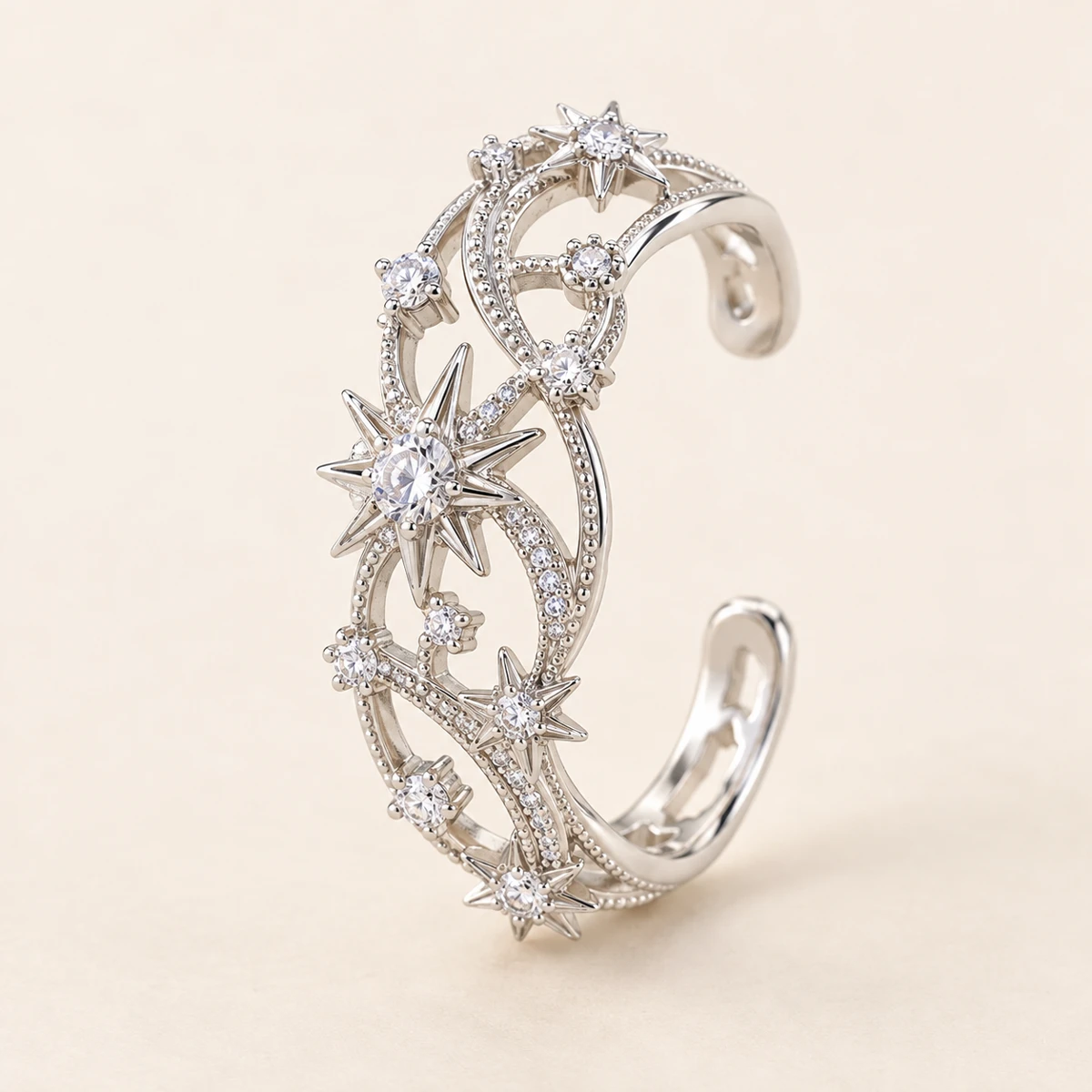 Celestial Lace Ear Cuff, Silver, star-studded lace openwork