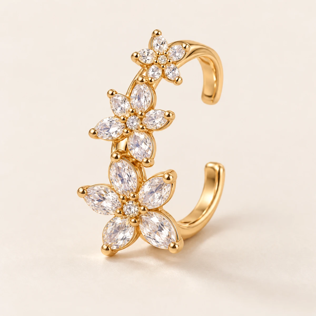 Royal Fleur Ear Cuff, Gold, three graduated flower clusters