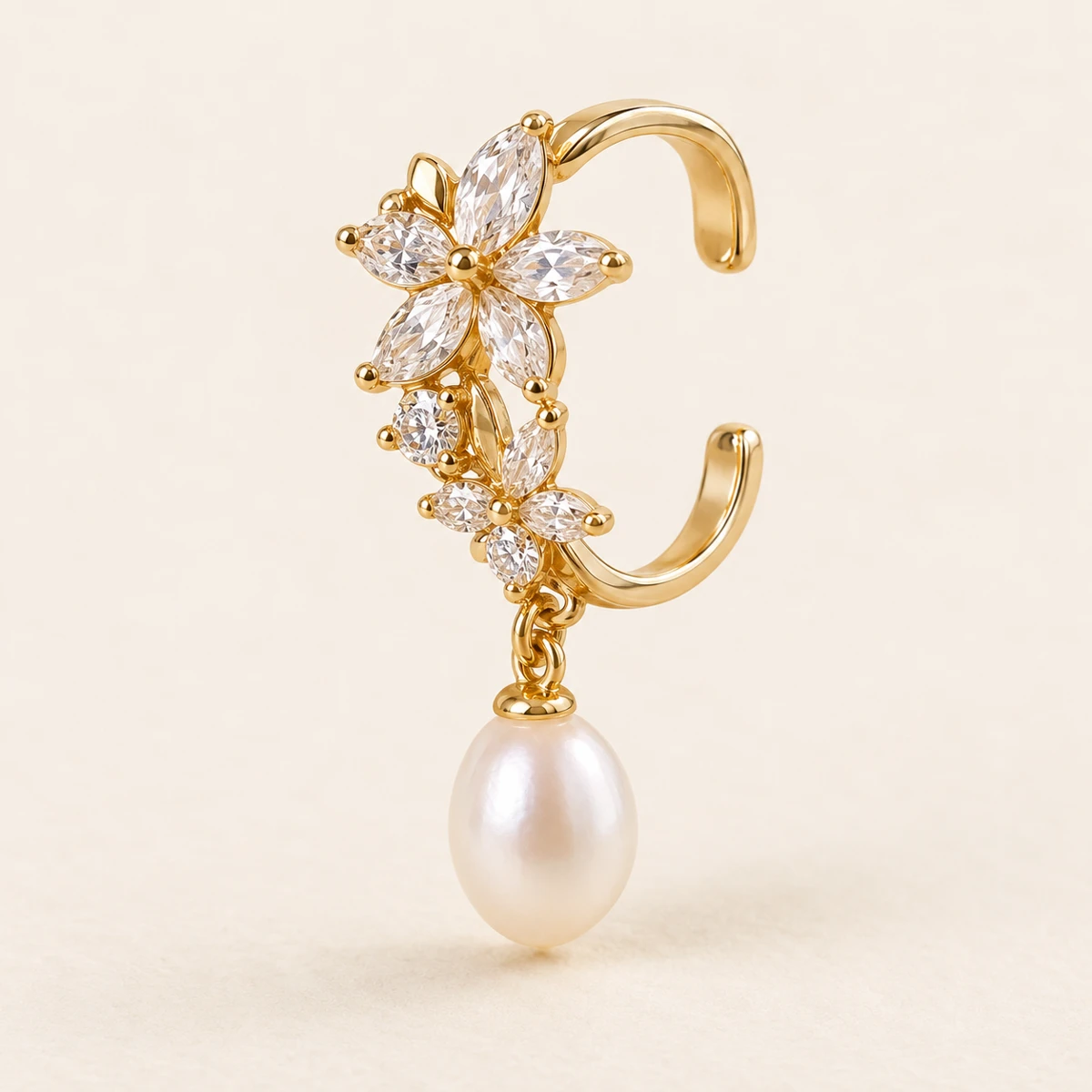 Fleur Royale Ear Cuff, Gold, flower cluster and one hanging freshwater cultured pearl